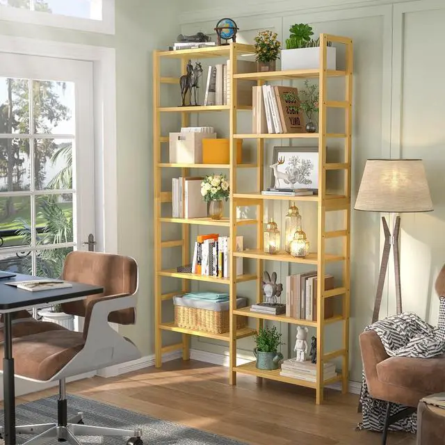 Alt view image 2 of 6 - Double Wide Bamboo Bookshelf, 6-Tier Large Open Bookcase with 12 Display Shelves, 6ft Tall Freestanding Book Shelf for Home Office, Bedroom, Living Room, Plants, Natural