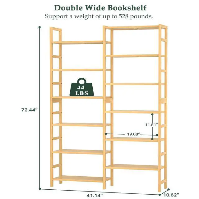 Alt view image 3 of 6 - Double Wide Bamboo Bookshelf, 6-Tier Large Open Bookcase with 12 Display Shelves, 6ft Tall Freestanding Book Shelf for Home Office, Bedroom, Living Room, Plants, Natural