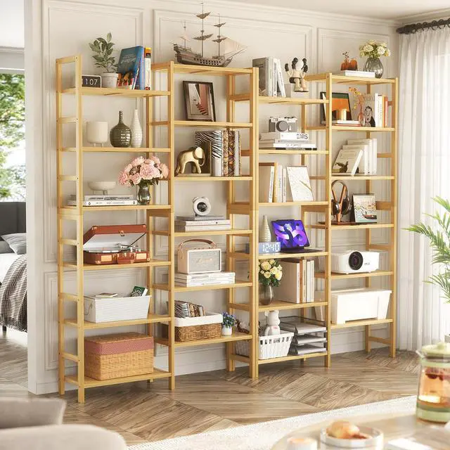 Alt view image 4 of 6 - Double Wide Bamboo Bookshelf, 6-Tier Large Open Bookcase with 12 Display Shelves, 6ft Tall Freestanding Book Shelf for Home Office, Bedroom, Living Room, Plants, Natural