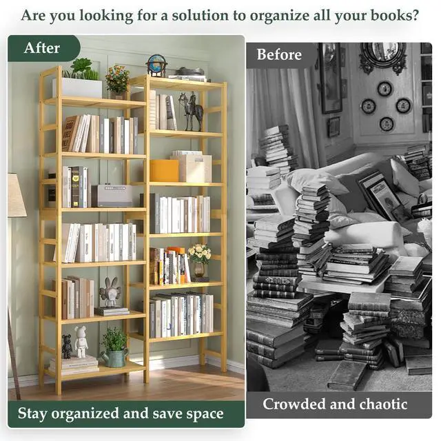 Alt view image 5 of 6 - Double Wide Bamboo Bookshelf, 6-Tier Large Open Bookcase with 12 Display Shelves, 6ft Tall Freestanding Book Shelf for Home Office, Bedroom, Living Room, Plants, Natural
