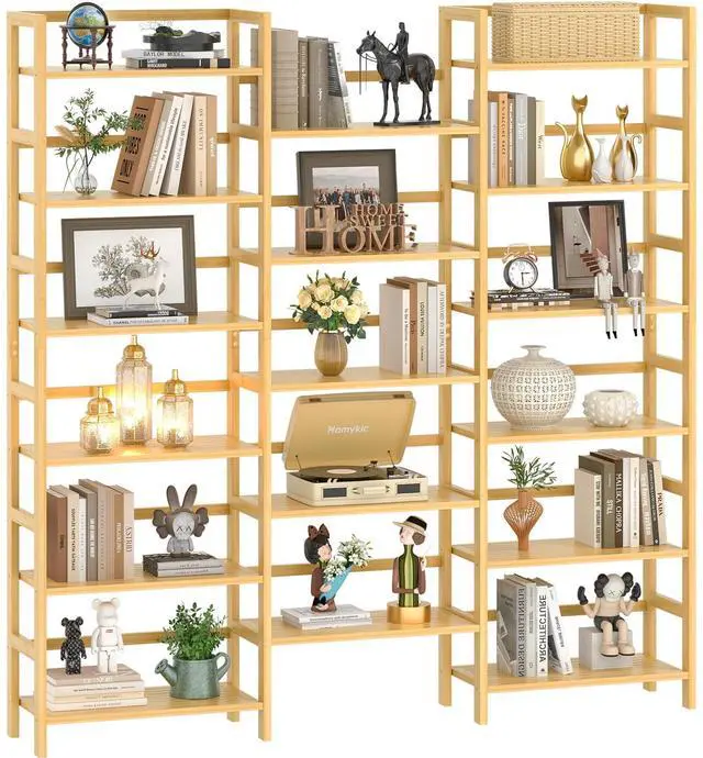 Main image of Bamboo Bookshelf, 71 Tall Triple Wide Bookcase with 17 Open Storage Shelves, 6-Tier Etagere with Back Rails, Large Display Shelf for Books, Plants, Home Office, Living Room, Max Load 748LBS