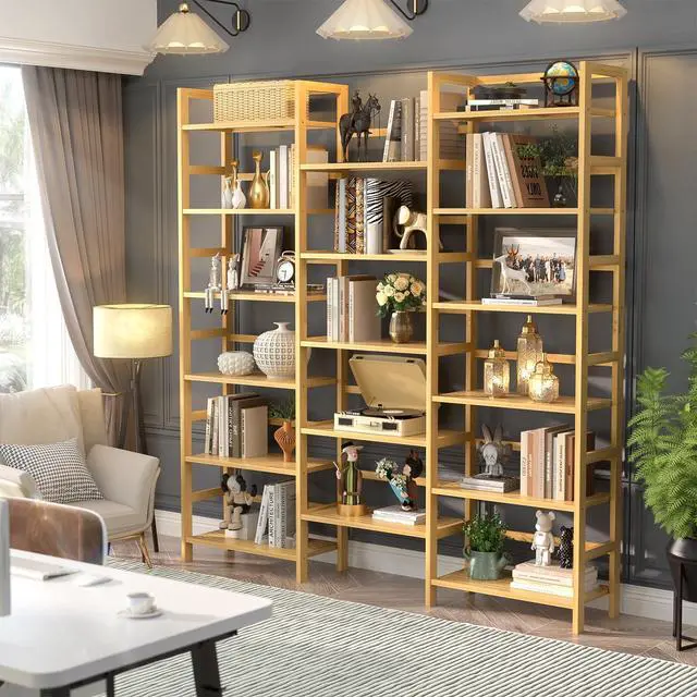 Alt view image 2 of 6 - Bamboo Bookshelf, 71 Tall Triple Wide Bookcase with 17 Open Storage Shelves, 6-Tier Etagere with Back Rails, Large Display Shelf for Books, Plants, Home Office, Living Room, Max Load 748LBS