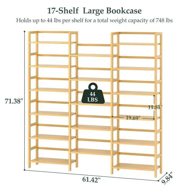Alt view image 3 of 6 - Bamboo Bookshelf, 71 Tall Triple Wide Bookcase with 17 Open Storage Shelves, 6-Tier Etagere with Back Rails, Large Display Shelf for Books, Plants, Home Office, Living Room, Max Load 748LBS