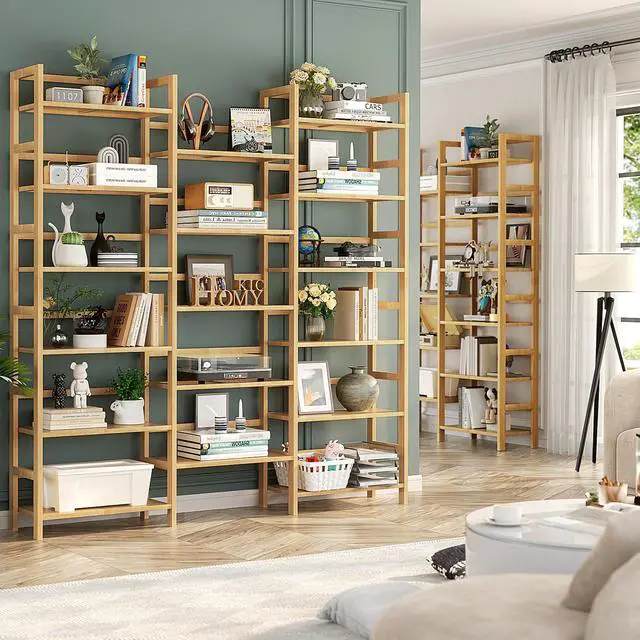 Alt view image 4 of 6 - Bamboo Bookshelf, 71 Tall Triple Wide Bookcase with 17 Open Storage Shelves, 6-Tier Etagere with Back Rails, Large Display Shelf for Books, Plants, Home Office, Living Room, Max Load 748LBS