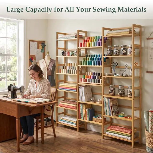 Alt view image 5 of 6 - Bamboo Bookshelf, 71 Tall Triple Wide Bookcase with 17 Open Storage Shelves, 6-Tier Etagere with Back Rails, Large Display Shelf for Books, Plants, Home Office, Living Room, Max Load 748LBS