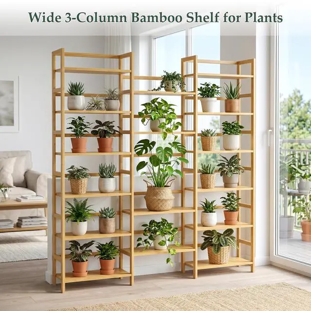 Alt view image 6 of 6 - Bamboo Bookshelf, 71 Tall Triple Wide Bookcase with 17 Open Storage Shelves, 6-Tier Etagere with Back Rails, Large Display Shelf for Books, Plants, Home Office, Living Room, Max Load 748LBS