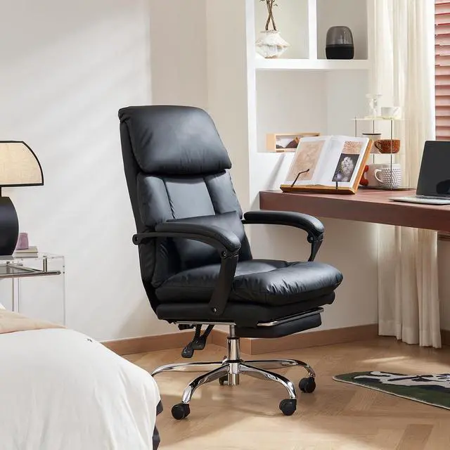 Alt view image 2 of 6 - Office Chair with Foot Rest Executive Office Chair, PU Leather, Black | Ergonomic Reclining Office Chair High Back Comfy Swivel Computer Desk Chairs with Wheels and Lumbar Support for Home Office