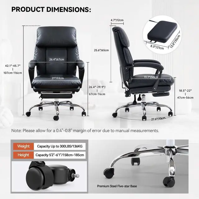 Alt view image 3 of 6 - Office Chair with Foot Rest Executive Office Chair, PU Leather, Black | Ergonomic Reclining Office Chair High Back Comfy Swivel Computer Desk Chairs with Wheels and Lumbar Support for Home Office