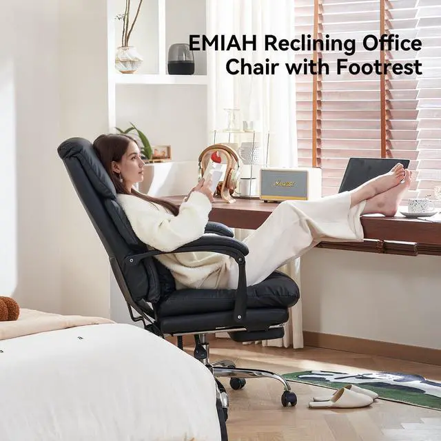 Alt view image 4 of 6 - Office Chair with Foot Rest Executive Office Chair, PU Leather, Black | Ergonomic Reclining Office Chair High Back Comfy Swivel Computer Desk Chairs with Wheels and Lumbar Support for Home Office
