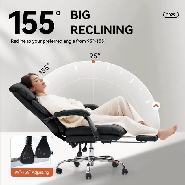 Alt view image 5 of 6 - Office Chair with Foot Rest Executive Office Chair, PU Leather, Black | Ergonomic Reclining Office Chair High Back Comfy Swivel Computer Desk Chairs with Wheels and Lumbar Support for Home Office