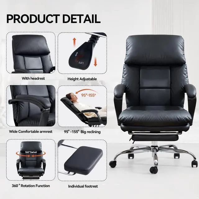 Alt view image 6 of 6 - Office Chair with Foot Rest Executive Office Chair, PU Leather, Black | Ergonomic Reclining Office Chair High Back Comfy Swivel Computer Desk Chairs with Wheels and Lumbar Support for Home Office