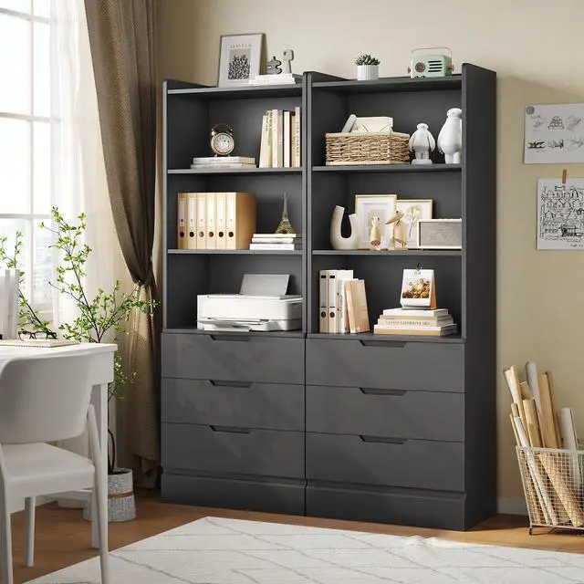 Alt view image 2 of 6 - Bookcase with 3 Drawers and Shelves 73.23'' Tall Bookshelf with Storage Modern Wood Closet Drawers System,Closet Organizer Unit Freestanding Tall Storage Cabinet for Home Office,Bathroom,Black