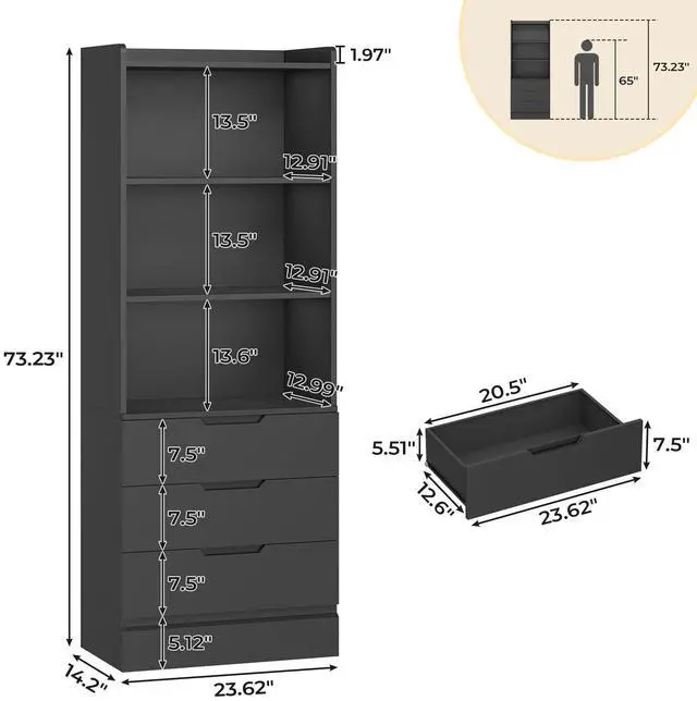 Alt view image 3 of 6 - Bookcase with 3 Drawers and Shelves 73.23'' Tall Bookshelf with Storage Modern Wood Closet Drawers System,Closet Organizer Unit Freestanding Tall Storage Cabinet for Home Office,Bathroom,Black