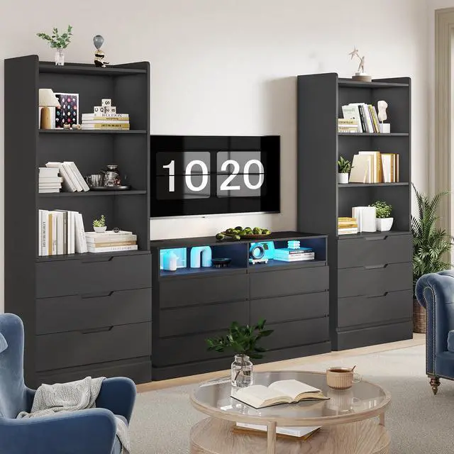 Alt view image 4 of 6 - Bookcase with 3 Drawers and Shelves 73.23'' Tall Bookshelf with Storage Modern Wood Closet Drawers System,Closet Organizer Unit Freestanding Tall Storage Cabinet for Home Office,Bathroom,Black