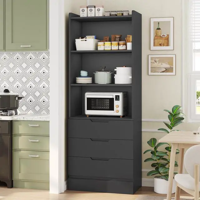 Alt view image 5 of 6 - Bookcase with 3 Drawers and Shelves 73.23'' Tall Bookshelf with Storage Modern Wood Closet Drawers System,Closet Organizer Unit Freestanding Tall Storage Cabinet for Home Office,Bathroom,Black