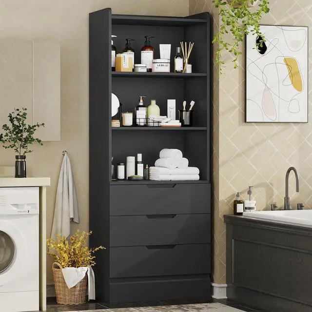Alt view image 6 of 6 - Bookcase with 3 Drawers and Shelves 73.23'' Tall Bookshelf with Storage Modern Wood Closet Drawers System,Closet Organizer Unit Freestanding Tall Storage Cabinet for Home Office,Bathroom,Black