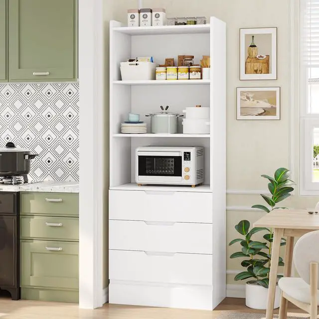 Alt view image 2 of 6 - 73.23'' Tall Storage Cabinet Bookcase with 3 Drawers and 3-Tier Open Shelves Wooden Bookshelf Kitchen Pantry Storage Organizer Cabinets for Living Room, Study, Kitchen,Bathroom,White