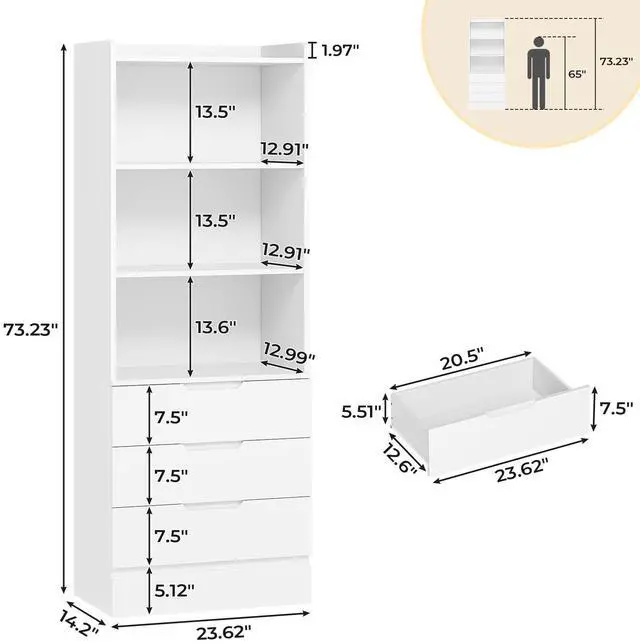 Alt view image 3 of 6 - 73.23'' Tall Storage Cabinet Bookcase with 3 Drawers and 3-Tier Open Shelves Wooden Bookshelf Kitchen Pantry Storage Organizer Cabinets for Living Room, Study, Kitchen,Bathroom,White