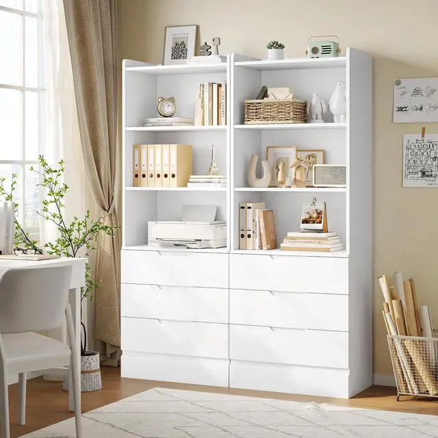 Alt view image 4 of 6 - 73.23'' Tall Storage Cabinet Bookcase with 3 Drawers and 3-Tier Open Shelves Wooden Bookshelf Kitchen Pantry Storage Organizer Cabinets for Living Room, Study, Kitchen,Bathroom,White