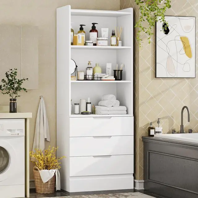 Alt view image 5 of 6 - 73.23'' Tall Storage Cabinet Bookcase with 3 Drawers and 3-Tier Open Shelves Wooden Bookshelf Kitchen Pantry Storage Organizer Cabinets for Living Room, Study, Kitchen,Bathroom,White