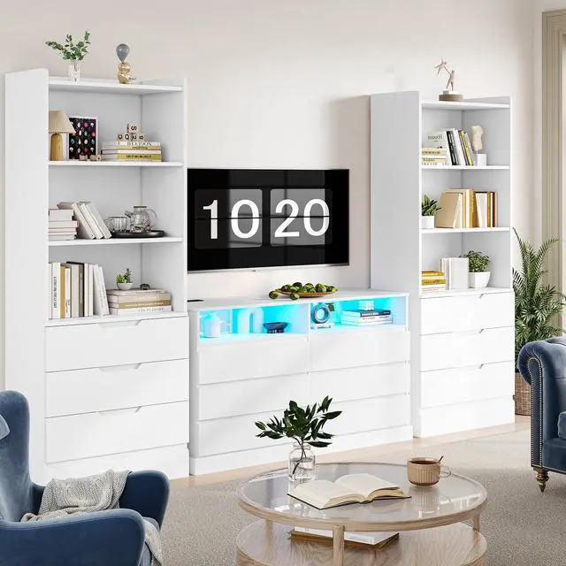 Alt view image 6 of 6 - 73.23'' Tall Storage Cabinet Bookcase with 3 Drawers and 3-Tier Open Shelves Wooden Bookshelf Kitchen Pantry Storage Organizer Cabinets for Living Room, Study, Kitchen,Bathroom,White
