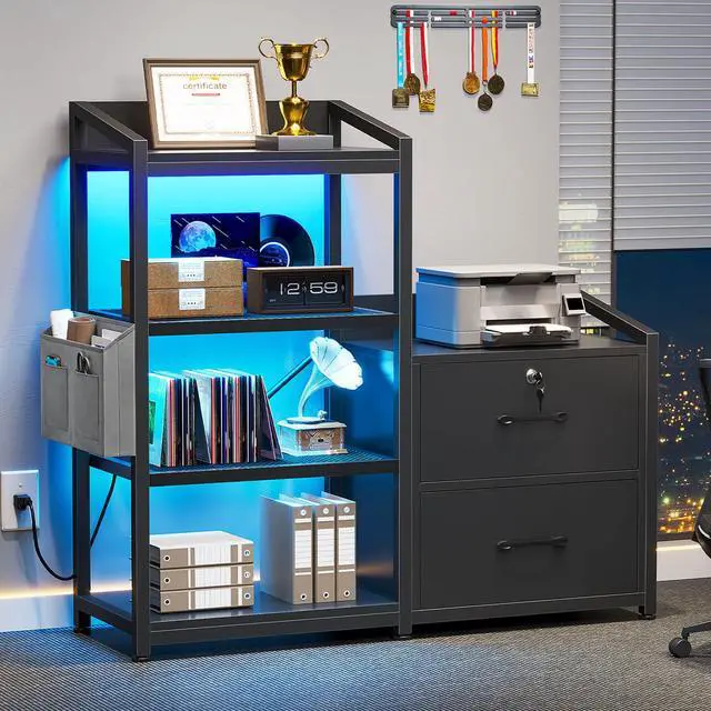 Alt view image 3 of 6 - 35.4 File Cabinet, Filing Cabinet fits Letter/A4 Size, 2 Drawe File Cabinets for Home Office with Power Strip, LED Lights, Lock, Open Shelf, Black
