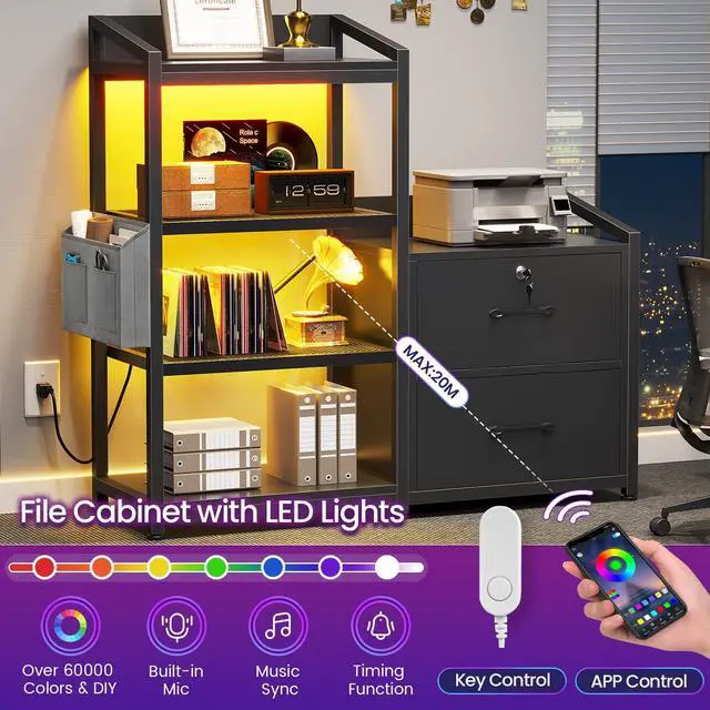Alt view image 4 of 6 - 35.4 File Cabinet, Filing Cabinet fits Letter/A4 Size, 2 Drawe File Cabinets for Home Office with Power Strip, LED Lights, Lock, Open Shelf, Black