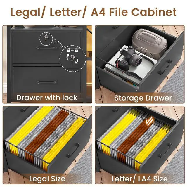Alt view image 5 of 6 - 35.4 File Cabinet, Filing Cabinet fits Letter/A4 Size, 2 Drawe File Cabinets for Home Office with Power Strip, LED Lights, Lock, Open Shelf, Black