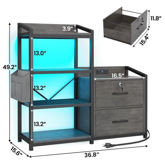 Alt view image 2 of 6 - 2 Drawer File Cabinet, Filing Cabinet fits Letter Legal, A4 Size, File Cabinets for Home Office with Lock, Power Strip, LED Lights and Open Shelf, Grey