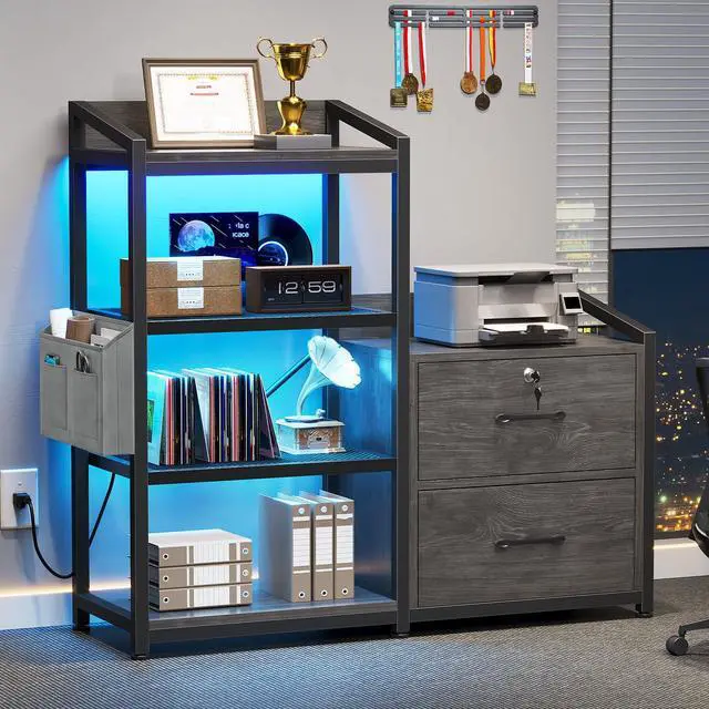 Alt view image 3 of 6 - 2 Drawer File Cabinet, Filing Cabinet fits Letter Legal, A4 Size, File Cabinets for Home Office with Lock, Power Strip, LED Lights and Open Shelf, Grey