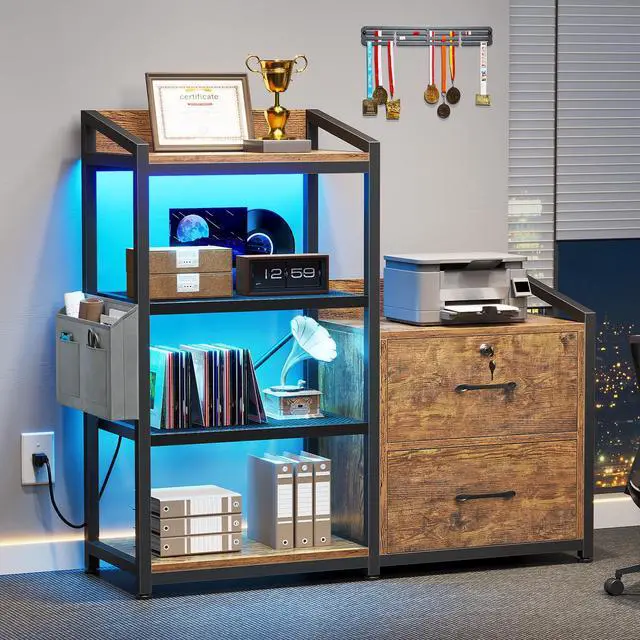 Alt view image 3 of 6 - 35.4 File Cabinet, Filing Cabinet fits Letter/A4 Size, 2 Drawe File Cabinets for Home Office with Power Strip, LED Lights, Lock, Open Shelf, Rustic Brown