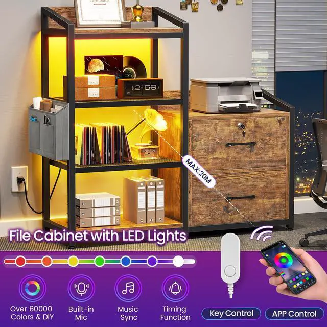 Alt view image 4 of 6 - 35.4 File Cabinet, Filing Cabinet fits Letter/A4 Size, 2 Drawe File Cabinets for Home Office with Power Strip, LED Lights, Lock, Open Shelf, Rustic Brown