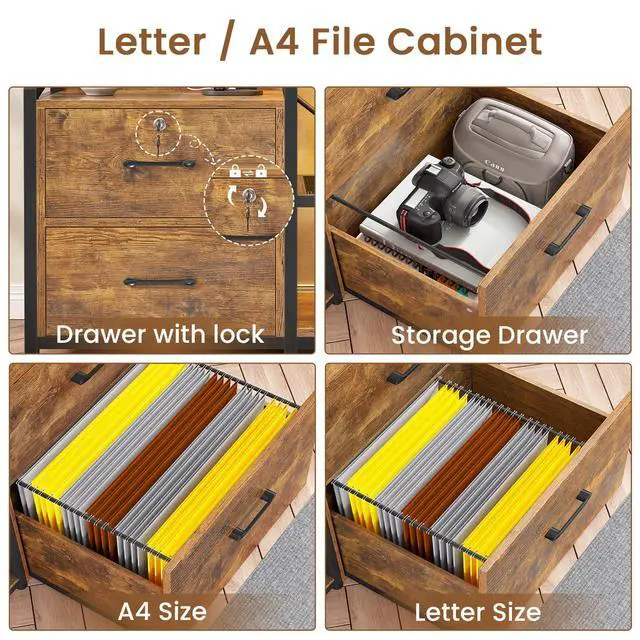 Alt view image 5 of 6 - 35.4 File Cabinet, Filing Cabinet fits Letter/A4 Size, 2 Drawe File Cabinets for Home Office with Power Strip, LED Lights, Lock, Open Shelf, Rustic Brown
