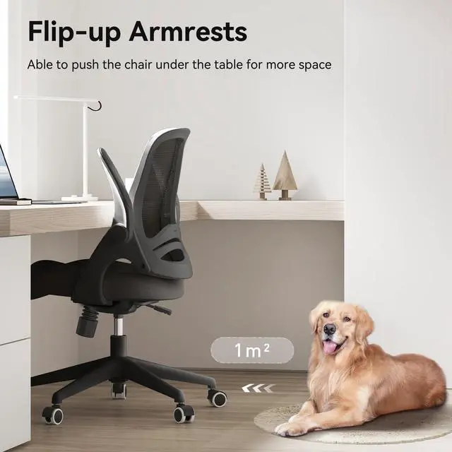 Alt view image 3 of 6 - Office Desk Chair with Flip-Up Armrests and Saddle Cushion, Ergonomic Office Chair with S-Shaped Backrest, Swivel, Mesh, Black