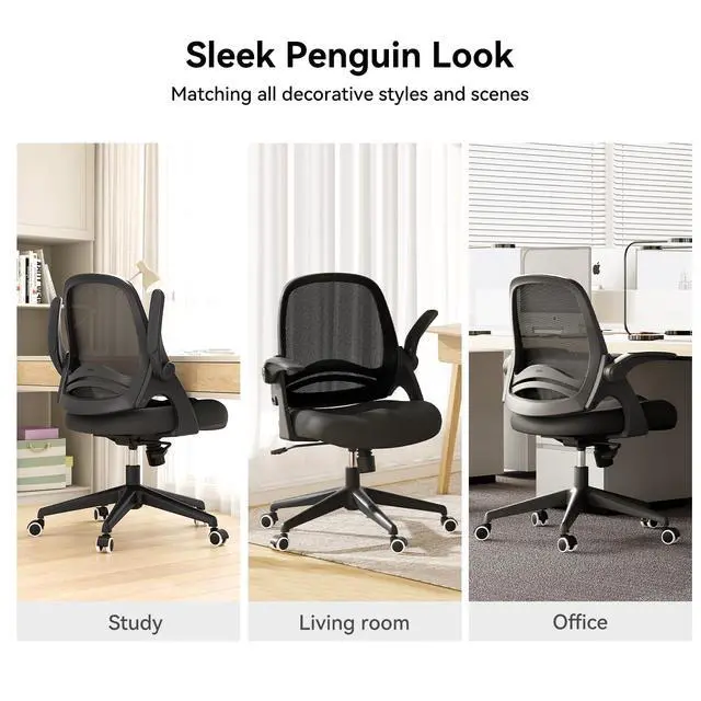 Alt view image 5 of 6 - Office Desk Chair with Flip-Up Armrests and Saddle Cushion, Ergonomic Office Chair with S-Shaped Backrest, Swivel, Mesh, Black