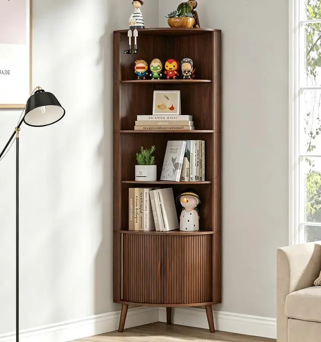 Main image of 5-Tier Corner Shelf, 66.73''Tall Modern Corner Bookshelf, 5 Shelf Bookcase with 2 Fluted Doors, Freestanding Wood Corner Display Storage Shelf Organizer for Living Room, Office (Walnut)