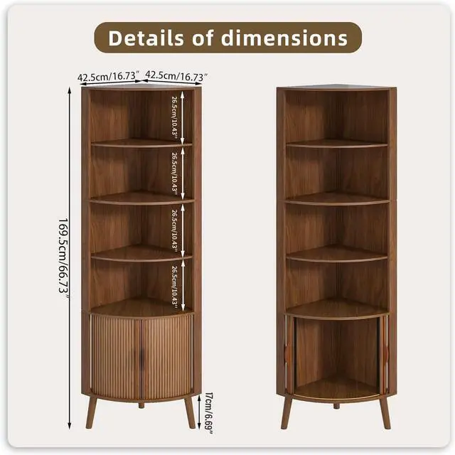 Alt view image 2 of 6 - 5-Tier Corner Shelf, 66.73''Tall Modern Corner Bookshelf, 5 Shelf Bookcase with 2 Fluted Doors, Freestanding Wood Corner Display Storage Shelf Organizer for Living Room, Office (Walnut)