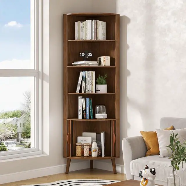 Alt view image 3 of 6 - 5-Tier Corner Shelf, 66.73''Tall Modern Corner Bookshelf, 5 Shelf Bookcase with 2 Fluted Doors, Freestanding Wood Corner Display Storage Shelf Organizer for Living Room, Office (Walnut)