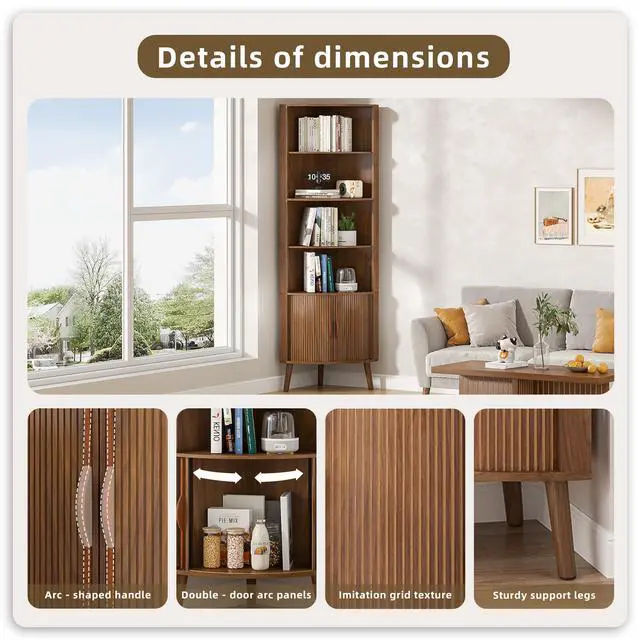 Alt view image 4 of 6 - 5-Tier Corner Shelf, 66.73''Tall Modern Corner Bookshelf, 5 Shelf Bookcase with 2 Fluted Doors, Freestanding Wood Corner Display Storage Shelf Organizer for Living Room, Office (Walnut)