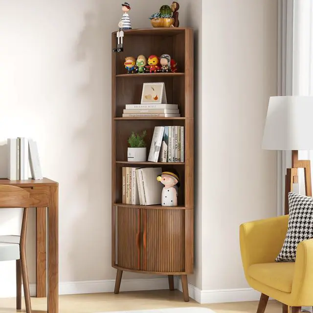 Alt view image 5 of 6 - 5-Tier Corner Shelf, 66.73''Tall Modern Corner Bookshelf, 5 Shelf Bookcase with 2 Fluted Doors, Freestanding Wood Corner Display Storage Shelf Organizer for Living Room, Office (Walnut)