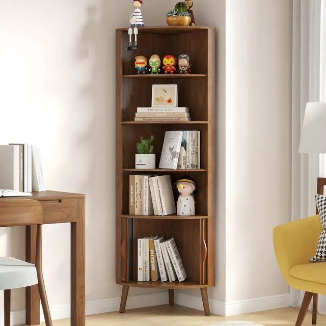 Alt view image 6 of 6 - 5-Tier Corner Shelf, 66.73''Tall Modern Corner Bookshelf, 5 Shelf Bookcase with 2 Fluted Doors, Freestanding Wood Corner Display Storage Shelf Organizer for Living Room, Office (Walnut)
