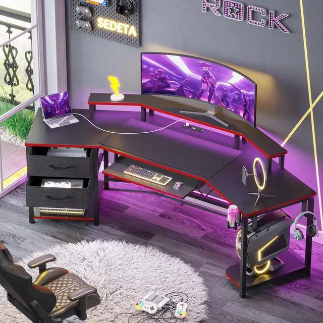 Main image of 79" Gaming Desk, Computer Desk with 2 Fabric Drawers & LED Light, L Shaped Gaming Desk with Storage Shelf for Home Office, Carbon Fiber Black&Red