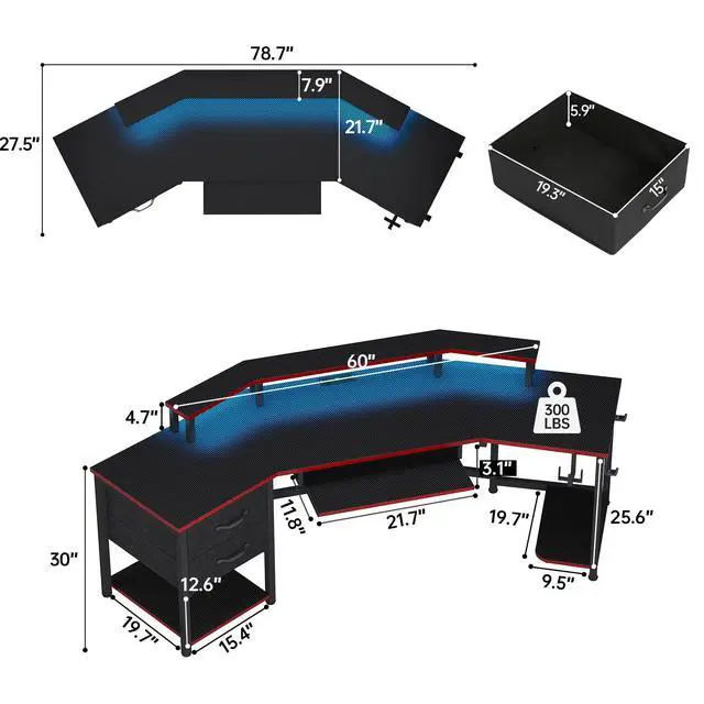 Alt view image 2 of 6 - 79" Gaming Desk, Computer Desk with 2 Fabric Drawers & LED Light, L Shaped Gaming Desk with Storage Shelf for Home Office, Carbon Fiber Black&Red