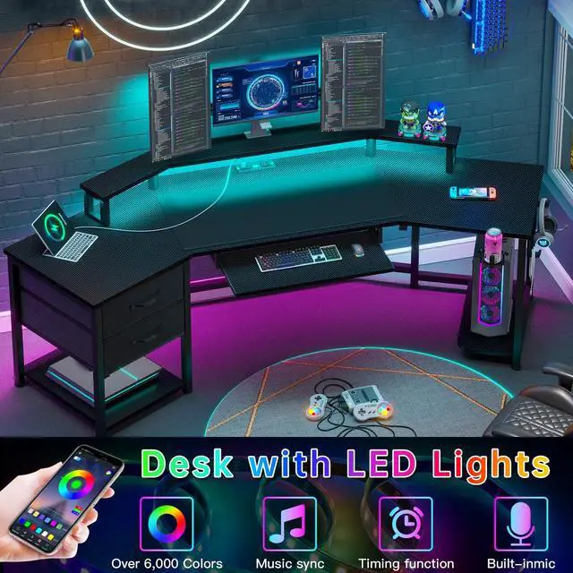 Alt view image 3 of 6 - 79" Gaming Desk, Computer Desk with 2 Fabric Drawers & LED Light, L Shaped Gaming Desk with Storage Shelf for Home Office, Carbon Fiber Black
