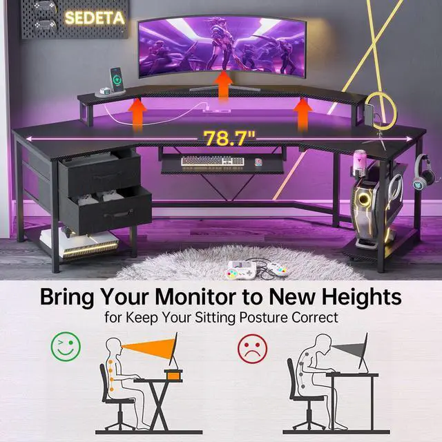 Alt view image 6 of 6 - 79" Gaming Desk, Computer Desk with 2 Fabric Drawers & LED Light, L Shaped Gaming Desk with Storage Shelf for Home Office, Carbon Fiber Black