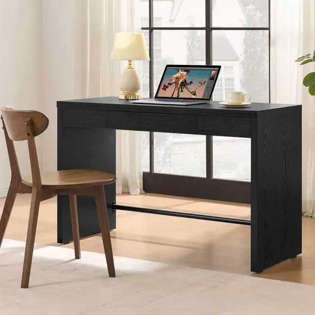 Alt view image 3 of 6 - Computer Desk Writing Table - 47-Inch Wooden Study Desk for Bedroom, Farmhouse Home Office Desk with Drawer, Boho Makeup Vanity Table for Dormitory (Black Oak, 1 Piece)