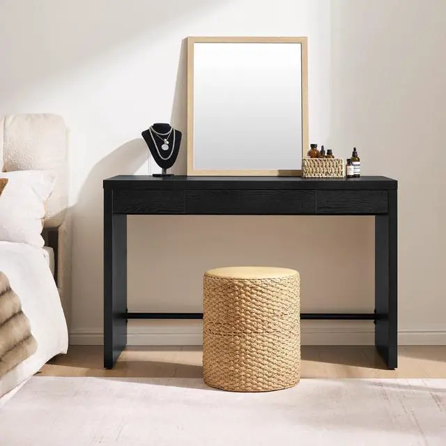 Alt view image 4 of 6 - Computer Desk Writing Table - 47-Inch Wooden Study Desk for Bedroom, Farmhouse Home Office Desk with Drawer, Boho Makeup Vanity Table for Dormitory (Black Oak, 1 Piece)