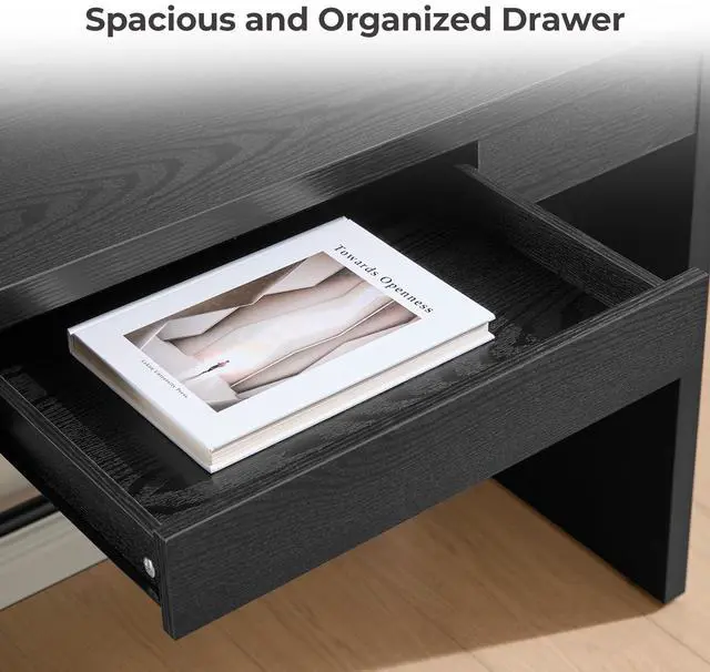Alt view image 6 of 6 - Computer Desk Writing Table - 47-Inch Wooden Study Desk for Bedroom, Farmhouse Home Office Desk with Drawer, Boho Makeup Vanity Table for Dormitory (Black Oak, 1 Piece)