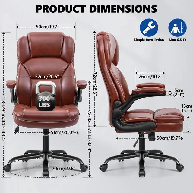 Alt view image 2 of 6 - PU Leather Office Chair, Ergonomic High-Back Desk Computer & Gaming Chair with Adjustable Height, Rolling Swivel & Flip-Up Armrests, Comfy Padded Seat for Home Office-Brown