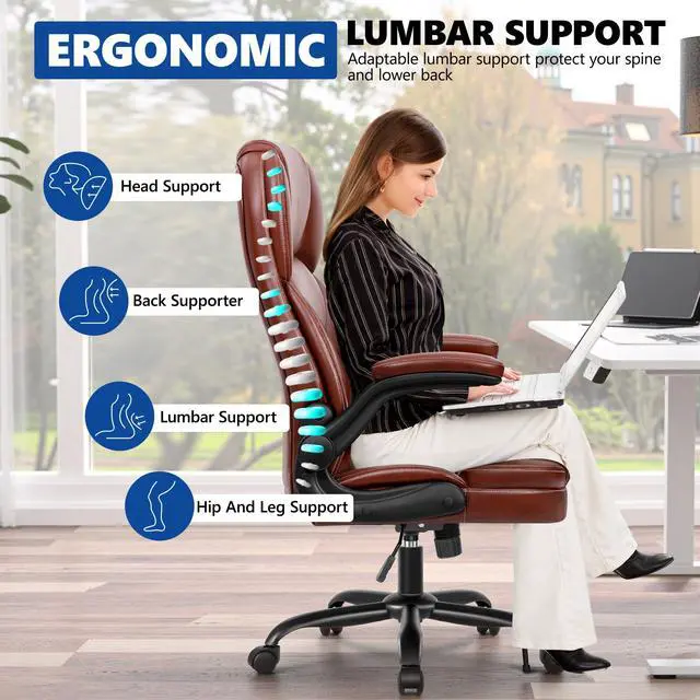 Alt view image 5 of 6 - PU Leather Office Chair, Ergonomic High-Back Desk Computer & Gaming Chair with Adjustable Height, Rolling Swivel & Flip-Up Armrests, Comfy Padded Seat for Home Office-Brown